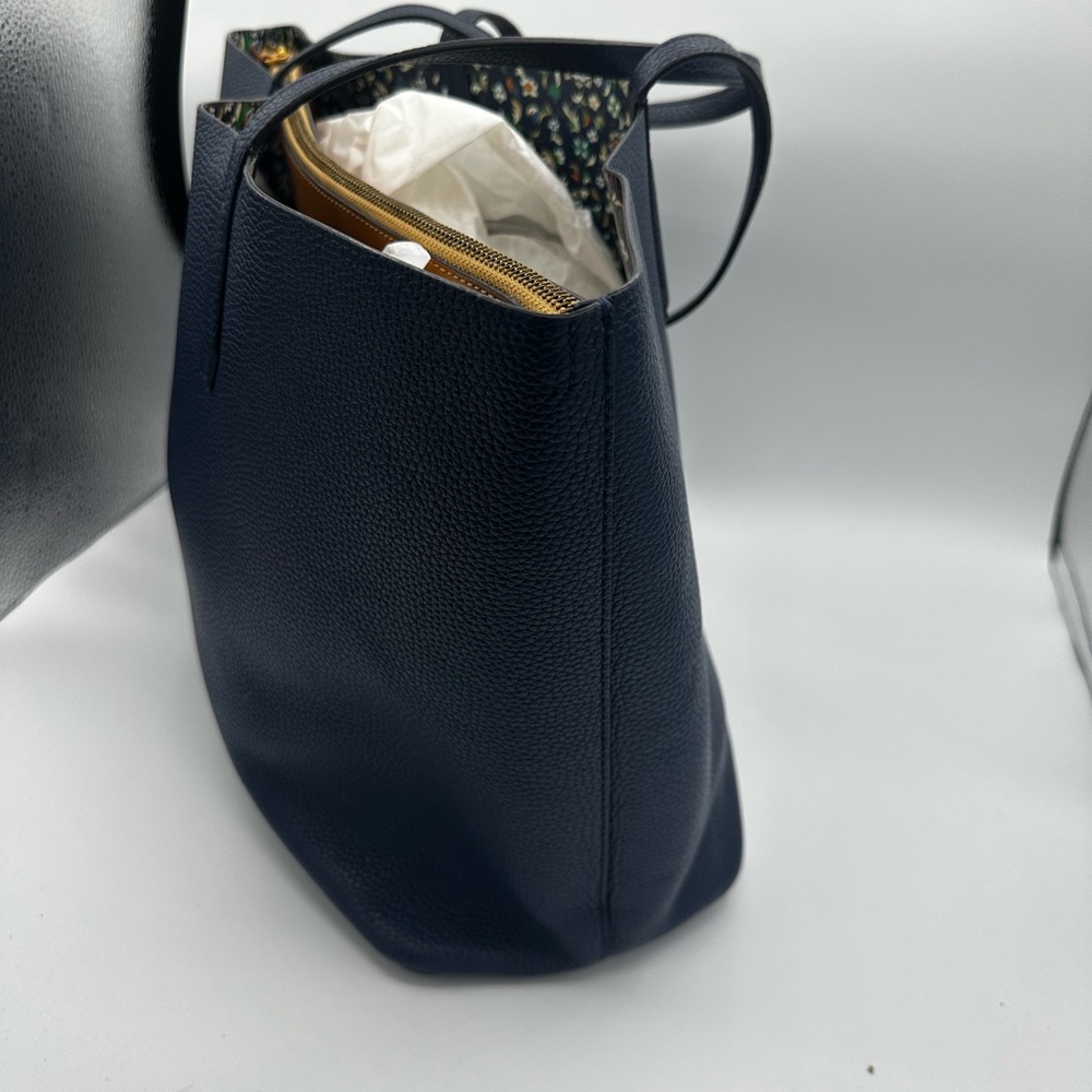 Tory Burch Blue Leather Tote Bag with Gold Logo - Picture 3 of 9